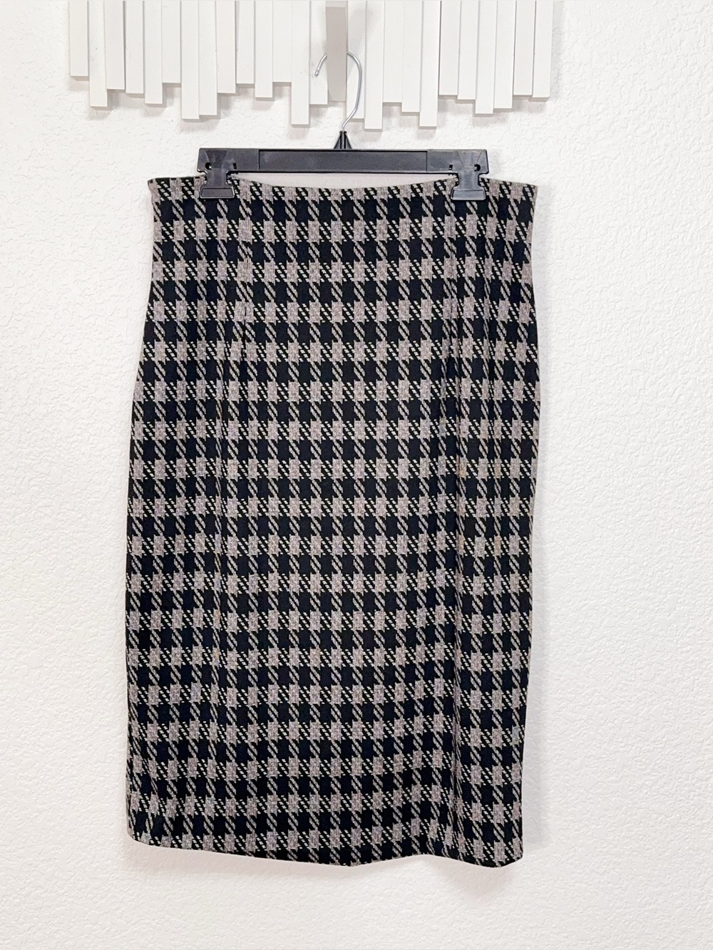 Black Gray Houndstooth Plaid High Waist Knit Pencil Midi Skirt Size 2XL